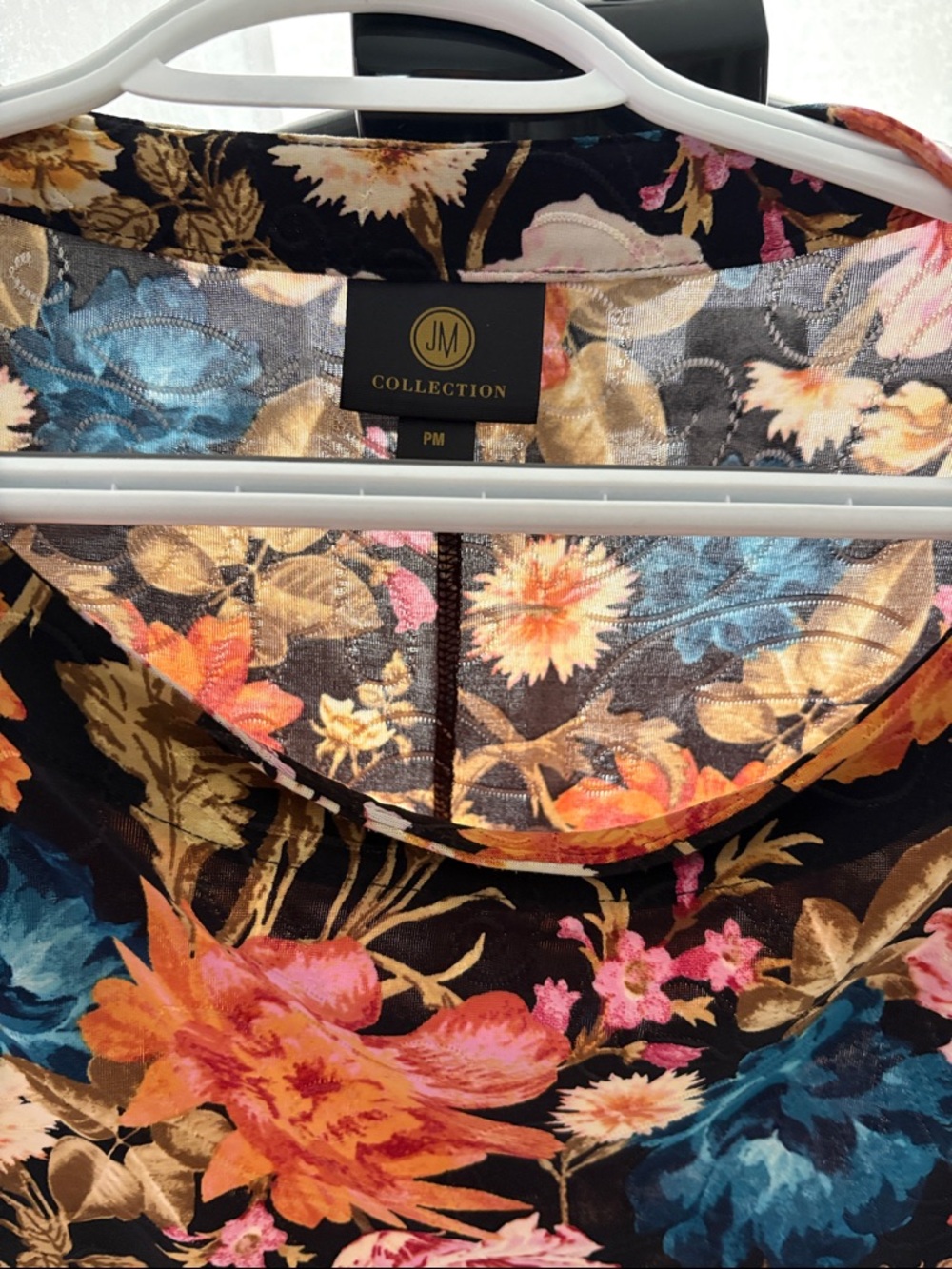 JM Collection Black Floral Scoop Neck Top with Orange, Blue & Pink Blooms